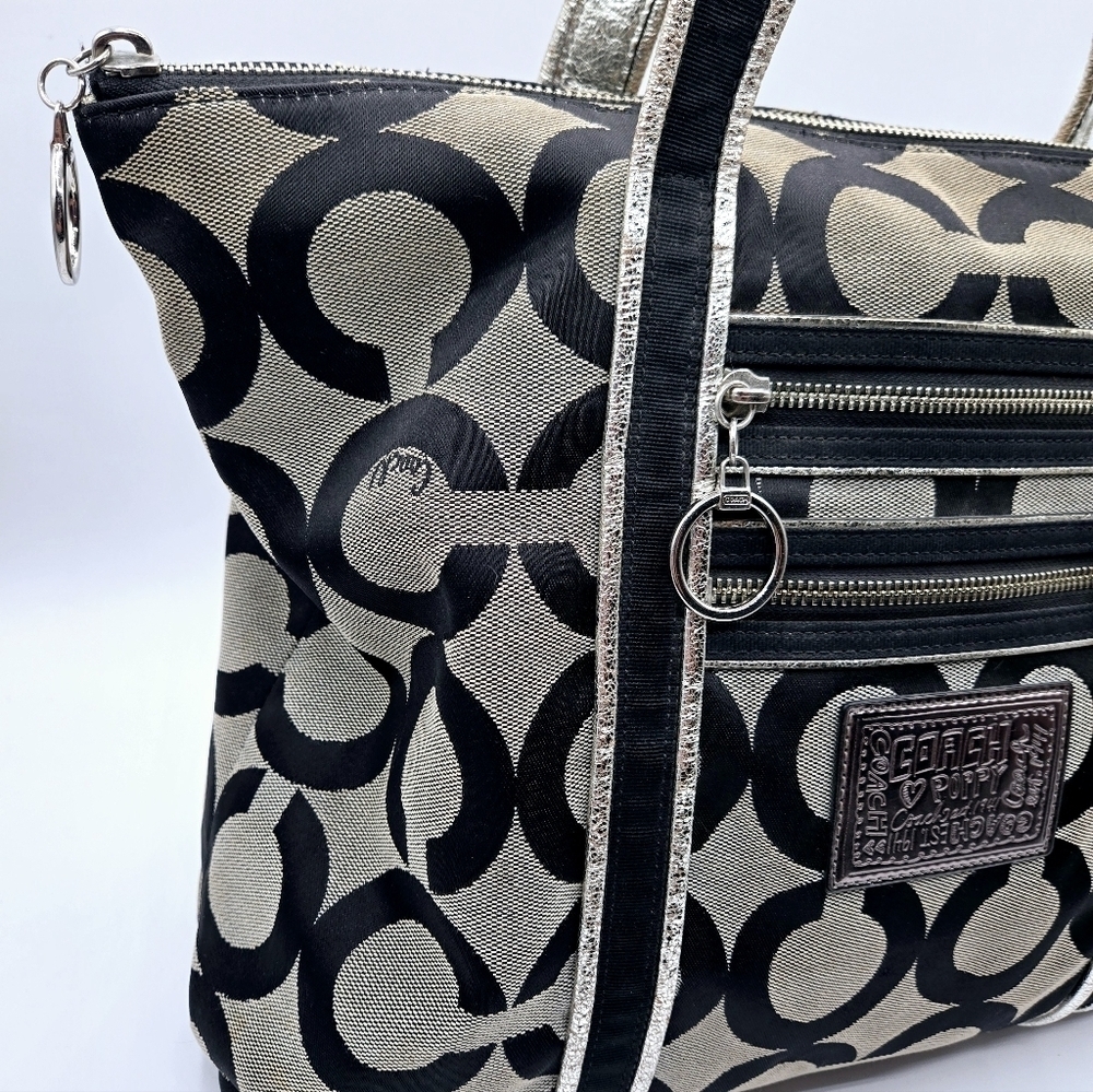 COACH Poppy Canvas Tote Black Op C Print Purple Lining Large Sequence Tag - Picture 5 of 14